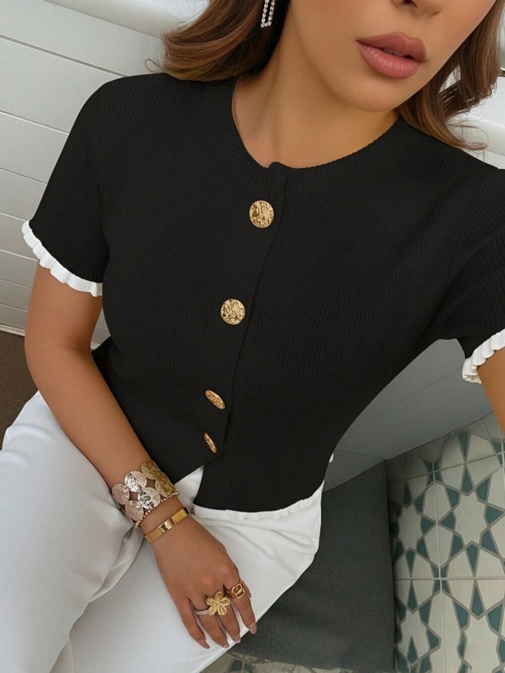 Black Casual Women's Button Ear Design Short Sleeve Knit Top - Picture 3 of 6